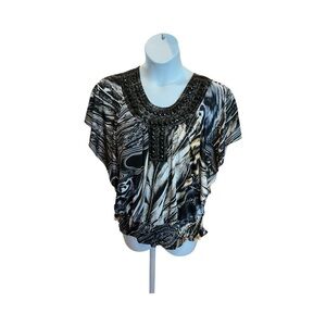 Cocomo Beaded Scoop Neck Batwing Top | Black Silver Marble Print | Size L